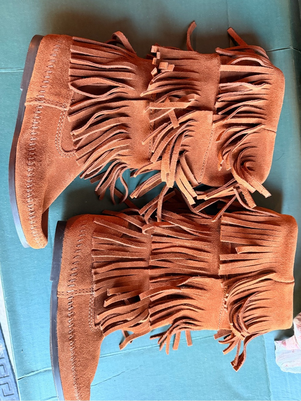 Minnetonka Triple Fringe Suede Moccasin Boots - Brown